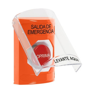 SS2524EX-ES STI Orange Indoor Only Flush or Surface Momentary Stopper Station with EMERGENCY EXIT Label Spanish