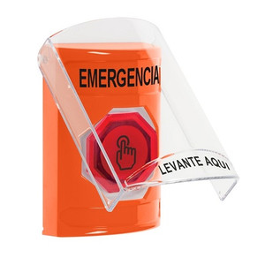 SS2526EM-ES STI Orange Indoor Only Flush or Surface Momentary (Illuminated) with Red Lens Stopper Station with EMERGENCY Label Spanish