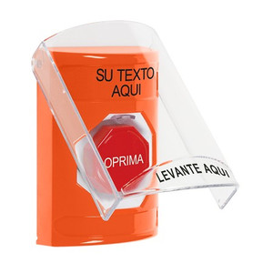 SS25A2ZA-ES STI Orange Indoor Only Flush or Surface w/ Horn Key-to-Reset (Illuminated) Stopper Station with Non-Returnable Custom Text Label Spanish