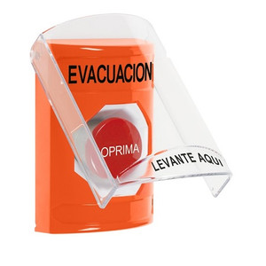 SS25A4EV-ES STI Orange Indoor Only Flush or Surface w/ Horn Momentary Stopper Station with EVACUATION Label Spanish