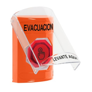 SS25A6EV-ES STI Orange Indoor Only Flush or Surface w/ Horn Momentary (Illuminated) with Red Lens Stopper Station with EVACUATION Label Spanish