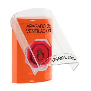 SS25A7HV-ES STI Orange Indoor Only Flush or Surface w/ Horn Weather Resistant Momentary (Illuminated) with Red Lens Stopper Station with HVAC SHUT DOWN Label Spanish