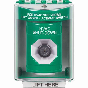 SS2173HV-EN STI Green Indoor/Outdoor Surface Key-to-Activate Stopper Station with HVAC SHUT DOWN Label English