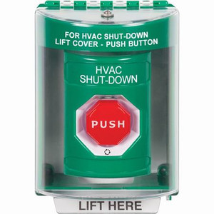 SS2179HV-EN STI Green Indoor/Outdoor Surface Turn-to-Reset (Illuminated) Stopper Station with HVAC SHUT DOWN Label English