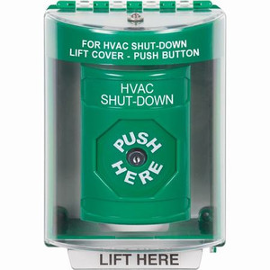 SS2180HV-EN STI Green Indoor/Outdoor Surface w/ Horn Key-to-Reset Stopper Station with HVAC SHUT DOWN Label English