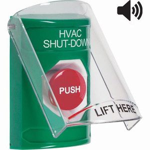 SS21A4HV-EN STI Green Indoor Only Flush or Surface w/ Horn Momentary Stopper Station with HVAC SHUT DOWN Label English