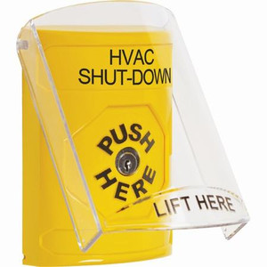 SS2220HV-EN STI Yellow Indoor Only Flush or Surface Key-to-Reset Stopper Station with HVAC SHUT DOWN Label English