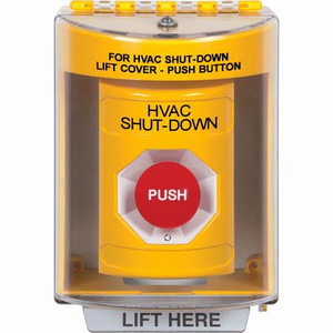 SS2271HV-EN STI Yellow Indoor/Outdoor Surface Turn-to-Reset Stopper Station with HVAC SHUT DOWN Label English