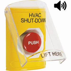 SS22A4HV-EN STI Yellow Indoor Only Flush or Surface w/ Horn Momentary Stopper Station with HVAC SHUT DOWN Label English