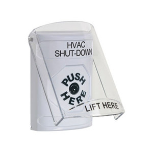 SS2320HV-EN STI White Indoor Only Flush or Surface Key-to-Reset Stopper Station with HVAC SHUT DOWN Label English