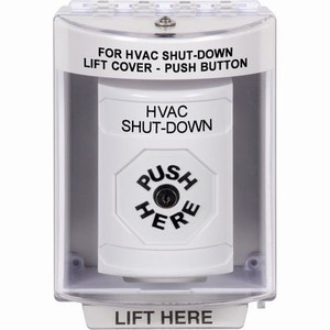 SS2370HV-EN STI White Indoor/Outdoor Surface Key-to-Reset Stopper Station with HVAC SHUT DOWN Label English
