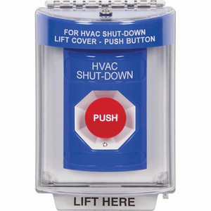 SS2431HV-EN STI Blue Indoor/Outdoor Flush Turn-to-Reset Stopper Station with HVAC SHUT DOWN Label English