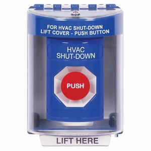 SS2484HV-EN STI Blue Indoor/Outdoor Surface w/ Horn Momentary Stopper Station with HVAC SHUT DOWN Label English