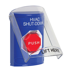 SS2425HV-EN STI Blue Indoor Only Flush or Surface Momentary (Illuminated) Stopper Station with HVAC SHUT DOWN Label English