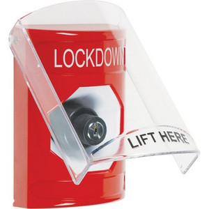 SS2023LD-EN STI Red Indoor Only Flush or Surface Key-to-Activate Stopper Station with LOCKDOWN Label English