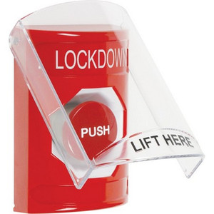 SS2024LD-EN STI Red Indoor Only Flush or Surface Momentary Stopper Station with LOCKDOWN Label English