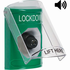 SS21A3LD-EN STI Green Indoor Only Flush or Surface w/ Horn Key-to-Activate Stopper Station with LOCKDOWN Label English