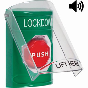 SS21A5LD-EN STI Green Indoor Only Flush or Surface w/ Horn Momentary (Illuminated) Stopper Station with LOCKDOWN Label English