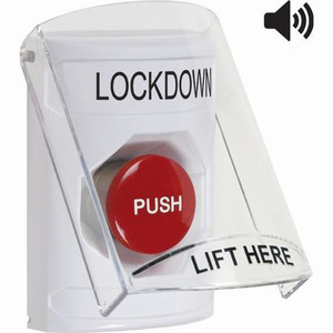 SS23A4LD-EN STI White Indoor Only Flush or Surface w/ Horn Momentary Stopper Station with LOCKDOWN Label English