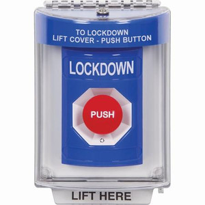 SS2431LD-EN STI Blue Indoor/Outdoor Flush Turn-to-Reset Stopper Station with LOCKDOWN Label English