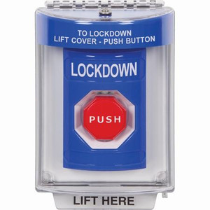 SS2435LD-EN STI Blue Indoor/Outdoor Flush Momentary (Illuminated) Stopper Station with LOCKDOWN Label English