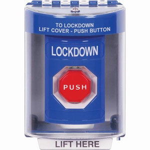 SS2472LD-EN STI Blue Indoor/Outdoor Surface Key-to-Reset (Illuminated) Stopper Station with LOCKDOWN Label English