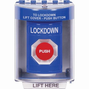 SS2474LD-EN STI Blue Indoor/Outdoor Surface Momentary Stopper Station with LOCKDOWN Label English