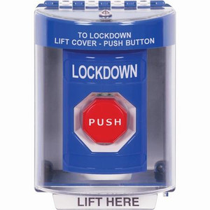 SS2475LD-EN STI Blue Indoor/Outdoor Surface Momentary (Illuminated) Stopper Station with LOCKDOWN Label English