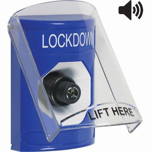 SS24A3LD-EN STI Blue Indoor Only Flush or Surface w/ Horn Key-to-Activate Stopper Station with LOCKDOWN Label English