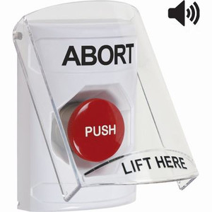 SS23A4AB-EN STI White Indoor Only Flush or Surface w/ Horn Momentary Stopper Station with ABORT Label English