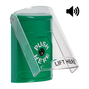 SS21A0NT-EN STI Green Indoor Only Flush or Surface w/ Horn Key-to-Reset Stopper Station with No Text Label English