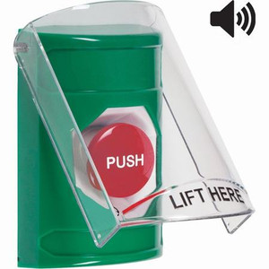 SS21A1NT-EN STI Green Indoor Only Flush or Surface w/ Horn Turn-to-Reset Stopper Station with No Text Label English