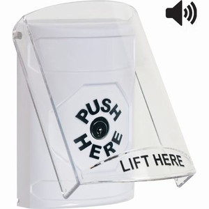 SS23A0NT-EN STI White Indoor Only Flush or Surface w/ Horn Key-to-Reset Stopper Station with No Text Label English