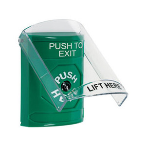 SS2120PX-EN STI Green Indoor Only Flush or Surface Key-to-Reset Stopper Station with PUSH TO EXIT Label English