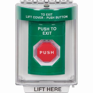 SS2148PX-EN STI Green Indoor/Outdoor Flush w/ Horn Pneumatic (Illuminated) Stopper Station with PUSH TO EXIT Label English