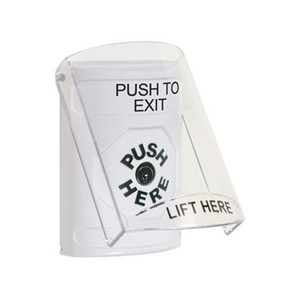 SS2320PX-EN STI White Indoor Only Flush or Surface Key-to-Reset Stopper Station with PUSH TO EXIT Label English