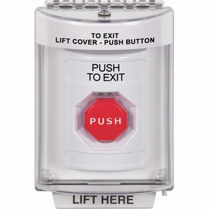 SS2348PX-EN STI White Indoor/Outdoor Flush w/ Horn Pneumatic (Illuminated) Stopper Station with PUSH TO EXIT Label English