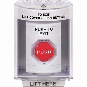 SS2379PX-EN STI White Indoor/Outdoor Surface Turn-to-Reset (Illuminated) Stopper Station with PUSH TO EXIT Label English