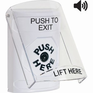 SS23A0PX-EN STI White Indoor Only Flush or Surface w/ Horn Key-to-Reset Stopper Station with PUSH TO EXIT Label English