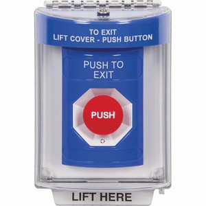 SS2431PX-EN STI Blue Indoor/Outdoor Flush Turn-to-Reset Stopper Station with PUSH TO EXIT Label English