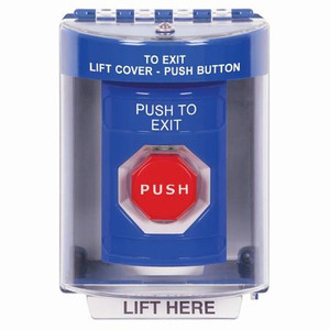 SS2472PX-EN STI Blue Indoor/Outdoor Surface Key-to-Reset (Illuminated) Stopper Station with PUSH TO EXIT Label English