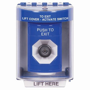 SS2473PX-EN STI Blue Indoor/Outdoor Surface Key-to-Activate Stopper Station with PUSH TO EXIT Label English