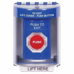 SS2474PX-EN STI Blue Indoor/Outdoor Surface Momentary Stopper Station with PUSH TO EXIT Label English
