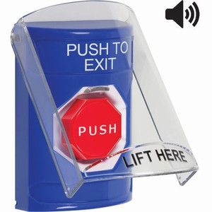 SS24A2PX-EN STI Blue Indoor Only Flush or Surface w/ Horn Key-to-Reset (Illuminated) Stopper Station with PUSH TO EXIT Label English