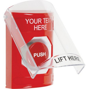 SS2024ZA-EN STI Red Indoor Only Flush or Surface Momentary Stopper Station with Non-Returnable Custom Text Label English