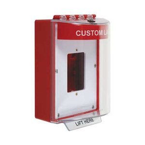 STI-13510CR STI Universal Stopper Dome Cover Enclosed Back Box, Open Mounting Plate and Hood - Custom Label - Red - Non-Returnable