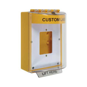 STI-13510CY STI Universal Stopper Dome Cover Enclosed Back Box, Open Mounting Plate and Hood - Custom Label - Yellow - Non-Returnable