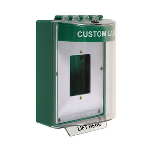 STI-13520CG STI Universal Stopper Dome Cover Enclosed Back Box, Open Mounting Plate and Hood with Horn - Custom Label - Green - Non-Returnable