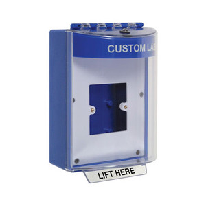 STI-13910CB STI Universal Stopper Dome Cover Enclosed Back Box, European Open Mounting Plate and Hood - Custom Label - Blue - Non-Returnable