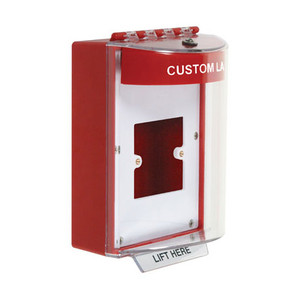 STI-13920CR STI Universal Stopper Dome Cover Enclosed Back Box, European Open Mounting Plate and Hood with Horn - Custom Label - Red - Non-Returnable